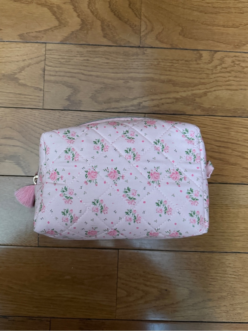 Pink Quilted Floral Cosmetic Bag with Tassel Pull